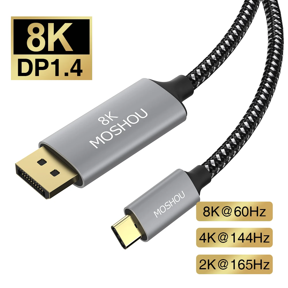 Moshou 2021 DP 1.4 Cable Displayport to USB-C Support 8K 60Hz 4K 144Hz/120Hz 2K 165Hz HDR USB-C to DP Bi-directional Video Cable