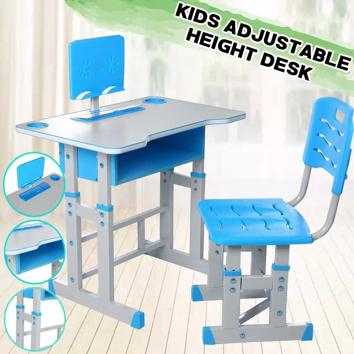 

Ergonomic Kids Study Table and Desk Multifunctional 60-70cm Height Adjustable Desk Chair Combination Desktop with Storage Space