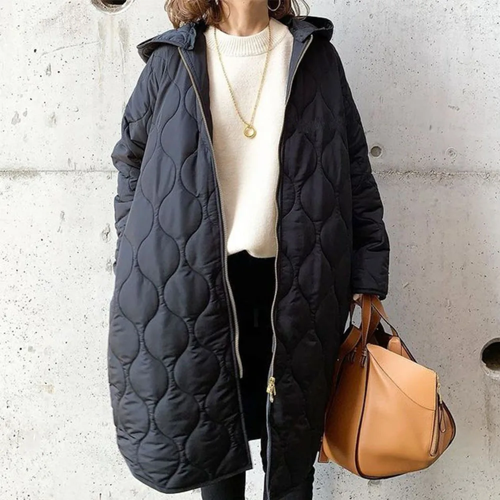 

Mandylandy Autumn Women Parkas Asymmetry Diamond Lattice Cotton Coat Jacket Outwear Fashion Loose Zipper Hooded Coats Parkas