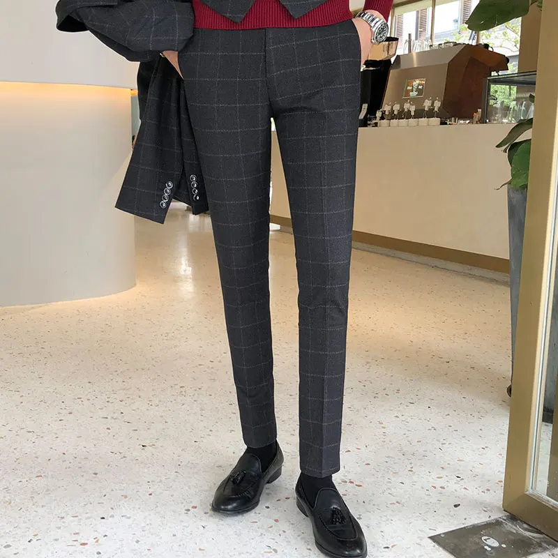 

Men Suit Pants Fashion Plaid Mens Trousers Pants Slim Fit Check Pantalon Homme Business Casual Clothes Man