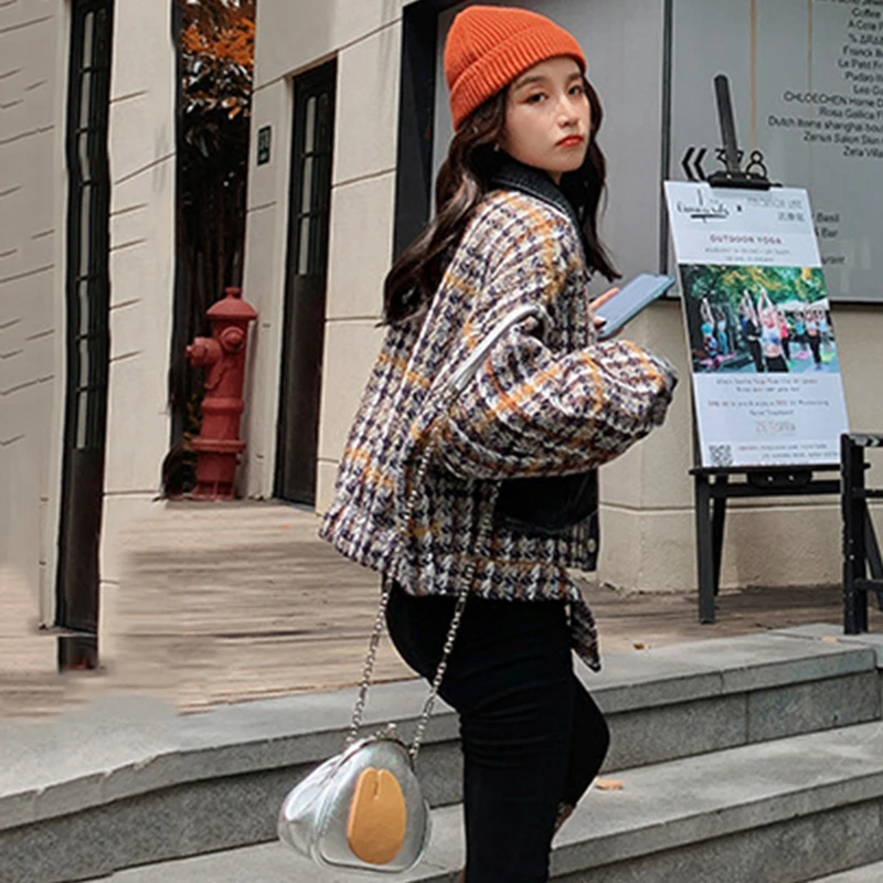 

LANMREM 2020 autumn winter coat fashion Korean loose turn-down collar single-breasted all-match denim split plaid jackets 2A745