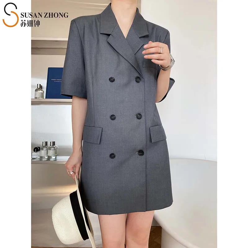 

Women Summer Blazer Dress Short Sleeve Female Suit One-Piece Mini Notched Collar Double Breasted Button Flap Pocket Korean Style