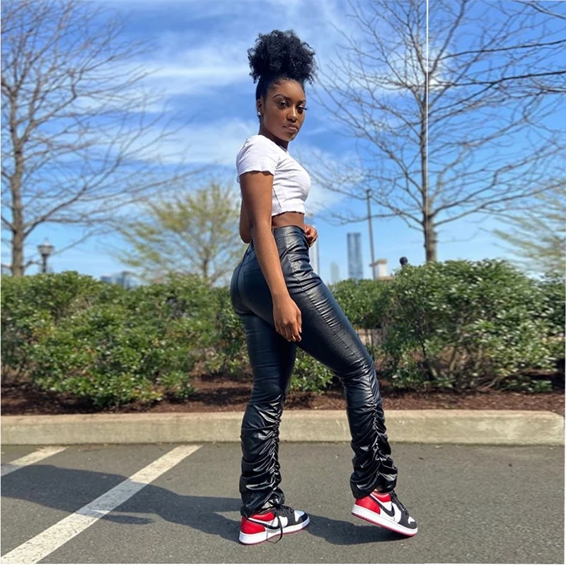 

Sexy Stacked Leggings Autumn Pants Women ClothingFashion Imitation Leather Folds Sweatpants Club Streetwear Y2k Wholesale Items