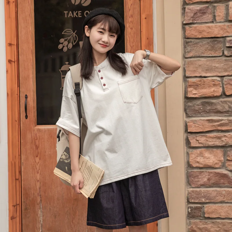 

Self-made cotton short sleeve T shirt for women's summer 2021 new women's wear loose half sleeve blouse designed by Japanese