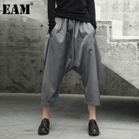 eam high waist gray brief casual spliced long harem trousers new loose fit pants women fashion tide spring autumn 2022 la921