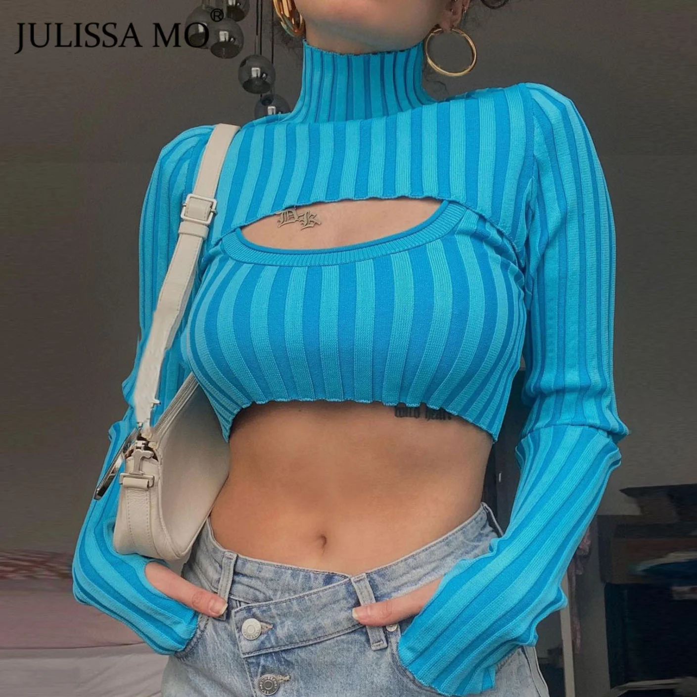 

JULISSA MO New Long Sleeve Sweater Crop Tops Suits 2021 Autumn Women Y2K Casual Turtleneck Top 2 Piece Set Femme Streetwear Suit