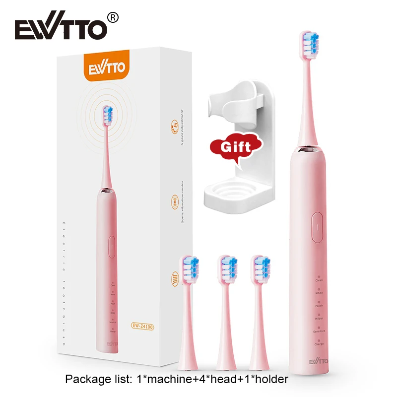 

Ewtto Electric Toothbrush Sonic Teeth Whitening Smart Timer Brush Ultrasonic Tooth brush With 4 Replacement Heads