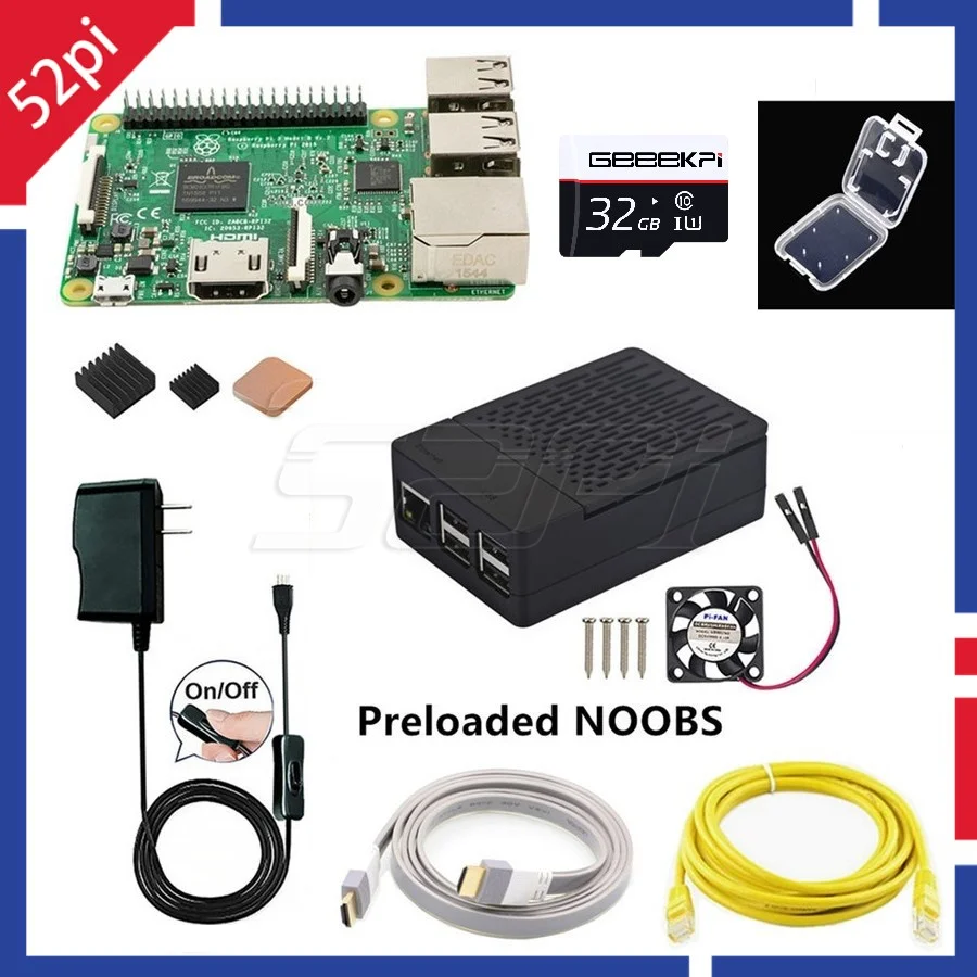 

Raspberry Pi 3 Model B Starter Kit with EU/US/UK Power+Case+Cooling Fan+32GB SD Card HDMI Cable Copper Heatsinks