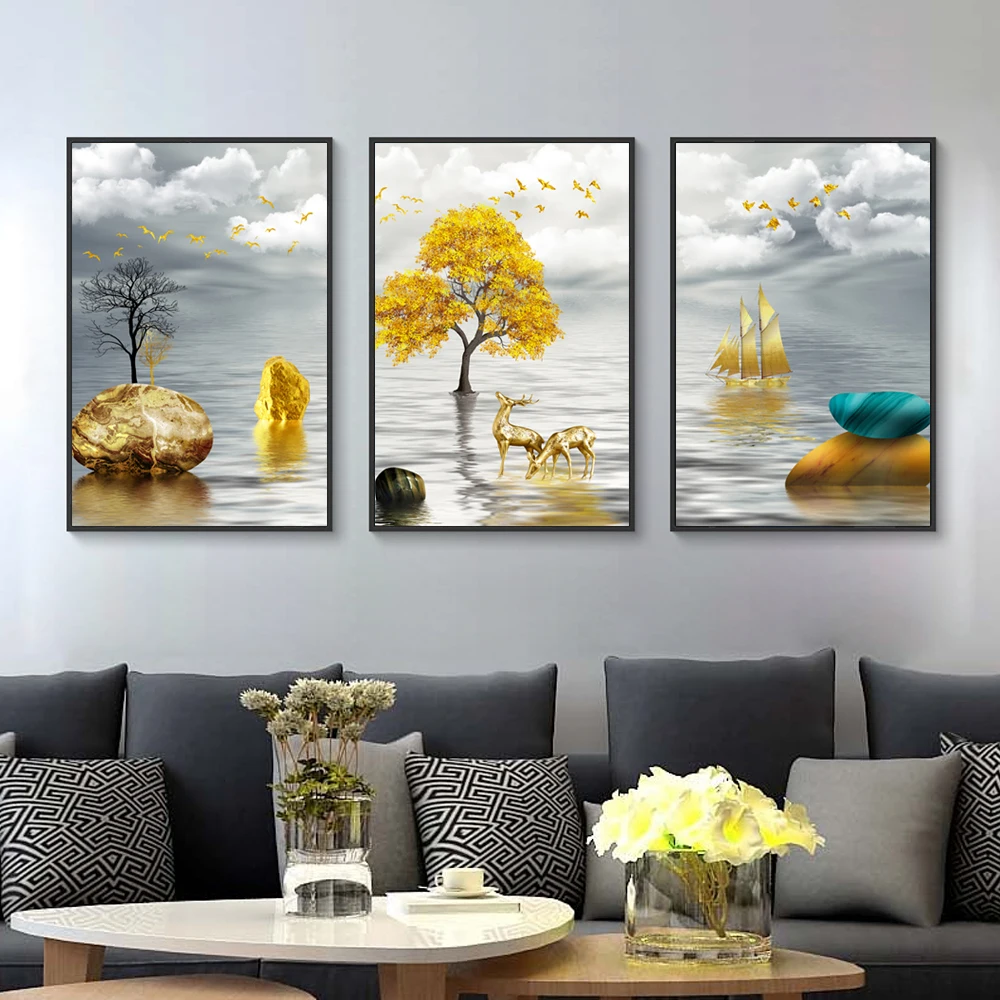 

GATYZTORY 3pc/Set Painting By Numbers Gold Tree Deer Landscape Acrylic Paints Canvas Drawing Handpainted Kits Home Decoration