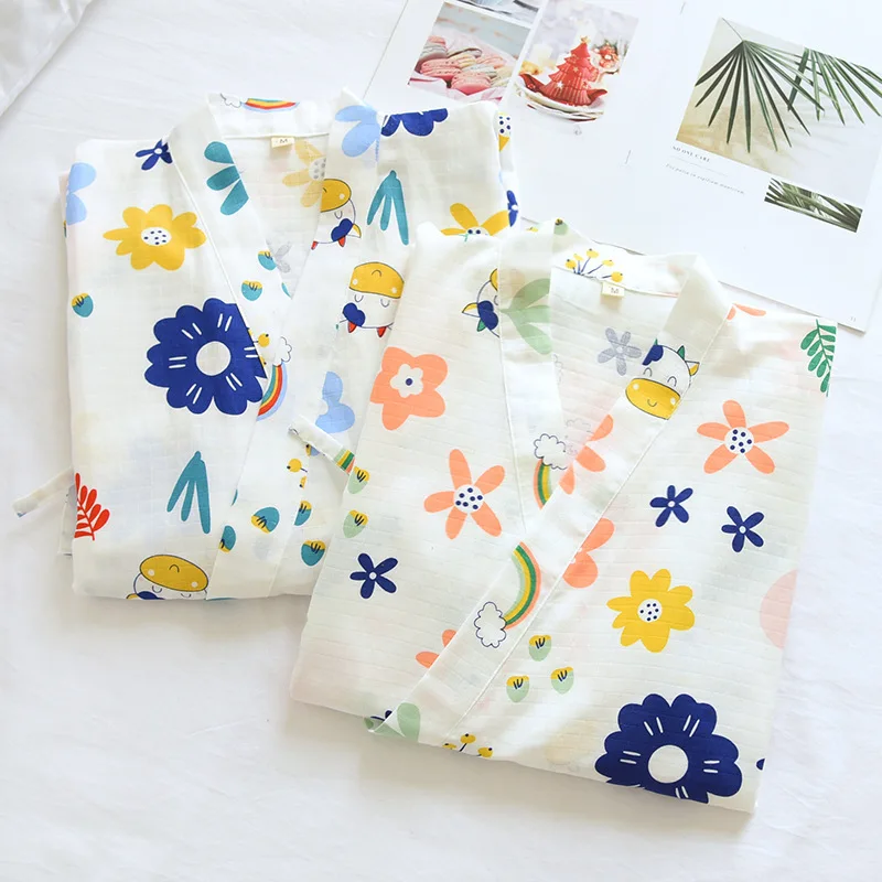 

Японское кимоно, ночной халат, халат для женщин летние пижамы из хлопка с красивым 2-слойное платье водопоглощение халат с мелким цветочным ...