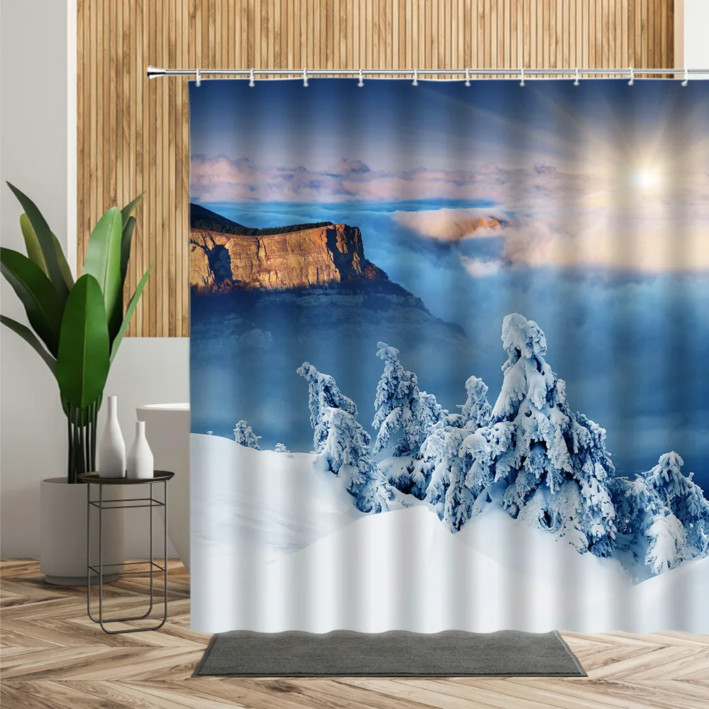 

3D Winter White Snow Scenic Shower Curtain Tree Blue Lake Bathroom Decor Waterproof Fabric With Hook Bath Curtains Home Decorate