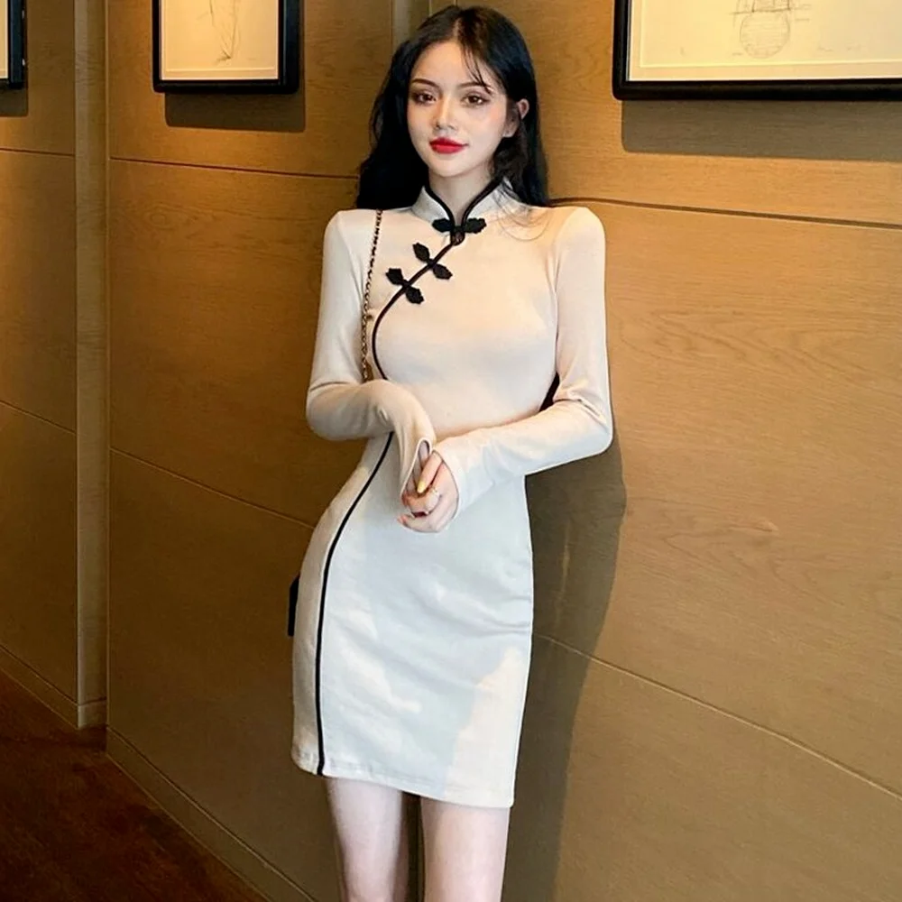 

Korean Style Elegant Long Sleeve Cheongsam Women Chinese Traditional Retro Vintage Slim Qipao Club Party Sexy Bodycon Dress
