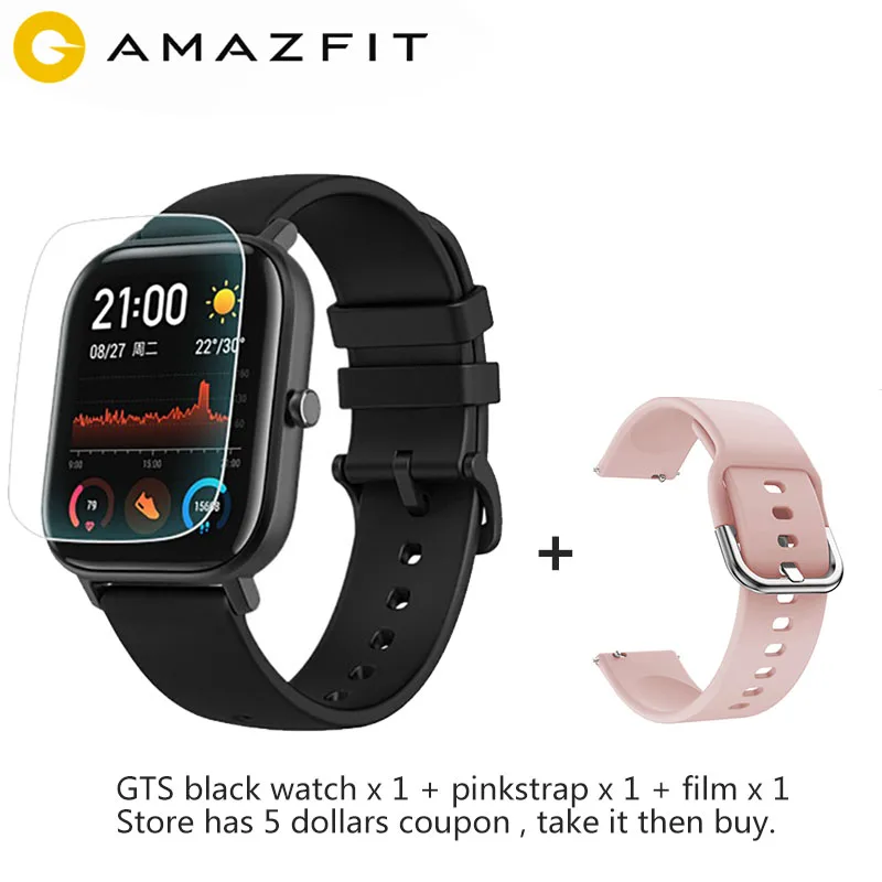 Глобальная версия Amazfit GTS Смарт-часы 1,65 дюймов AMOLED 341 ppi экран 5 АТМ 14 дней батарея gps управление музыкой - Цвет: blackw (apinkstrap)