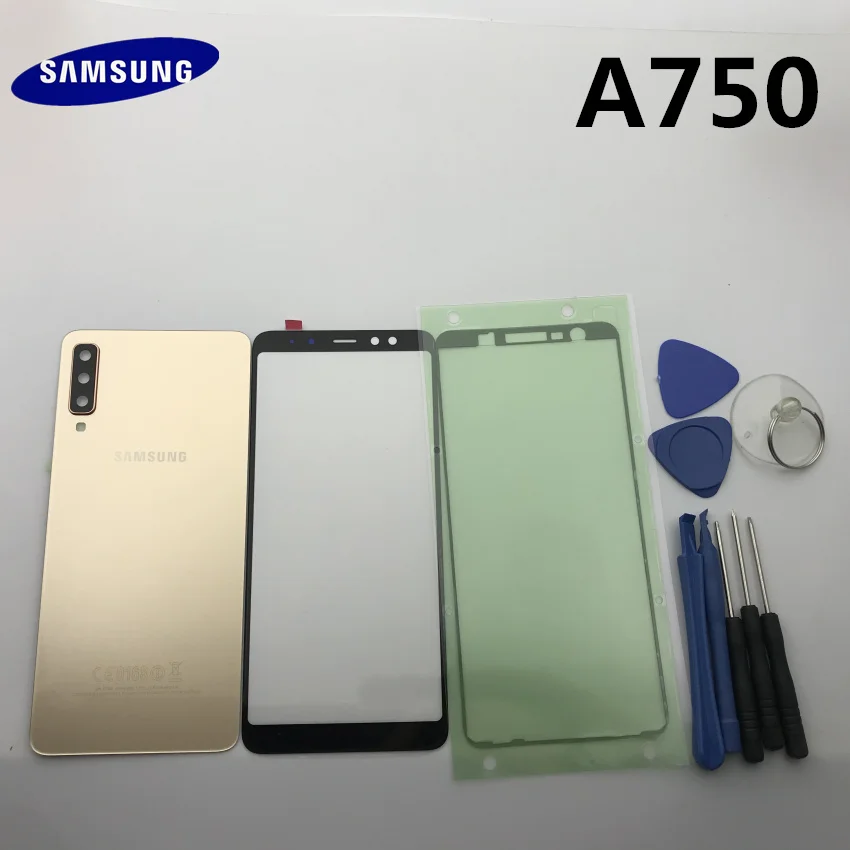 

Новое оригинальное заднее стекло для Samsung Galaxy A7 SM-A750 A750F 2018 задняя крышка батарейного отсека + Переднее стекло объектива + клей + Инструменты