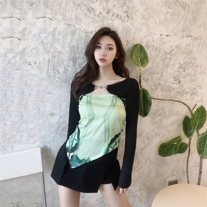 

Spring Long Sleeve Fake 2 piece Woman T Shirt Fashion High Street Patchwork Print Skinny Tops Tees YOU495