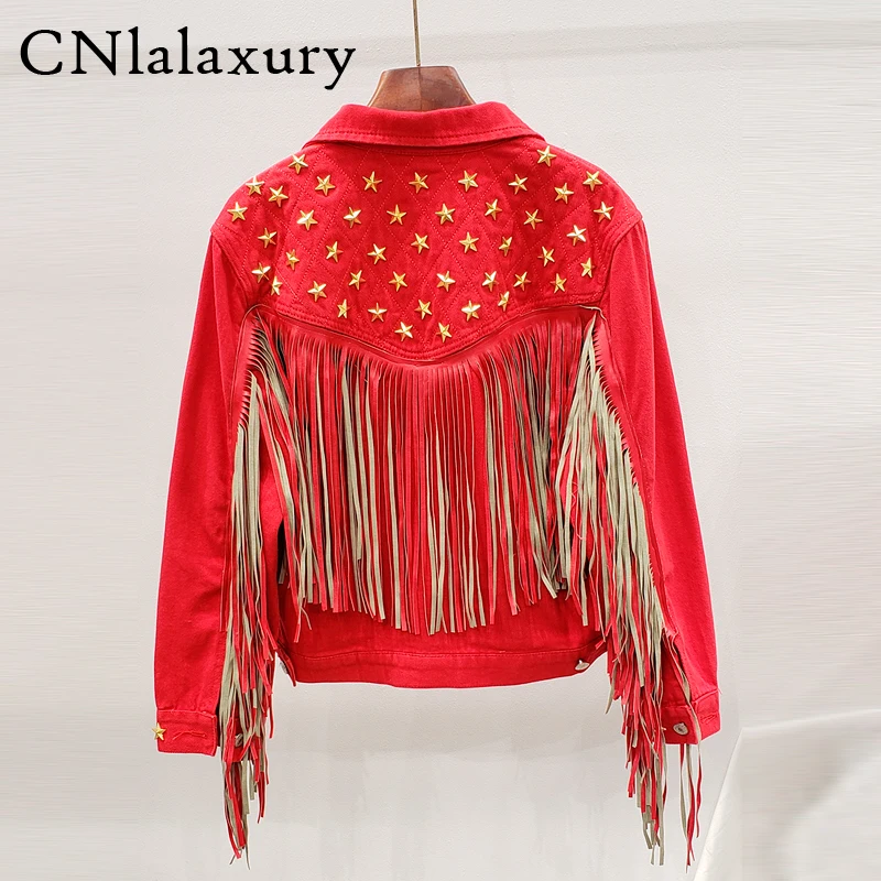 

Red Korean Rivet Denim Jacket Women Elegant Tassel Veste Femme Loose Chaquetas Mujer Jeans Jacket Coat Female jaqueta feminina