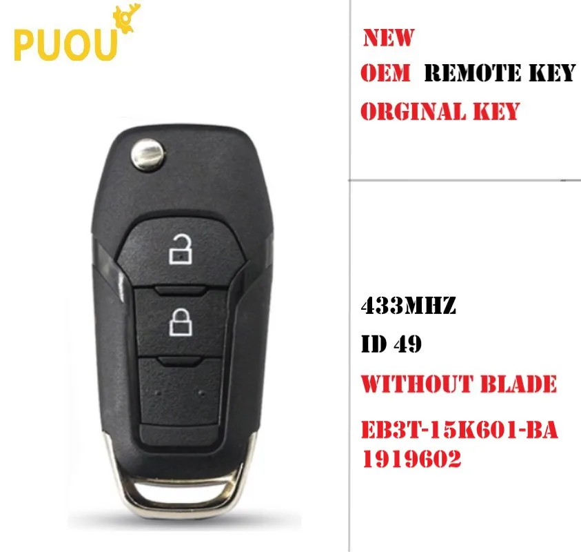 2 кнопки Оригинальный флип ключ 433 МГц 49 чип для Ford Ranger ESCORT T6 дистанционный fob 2015 2019