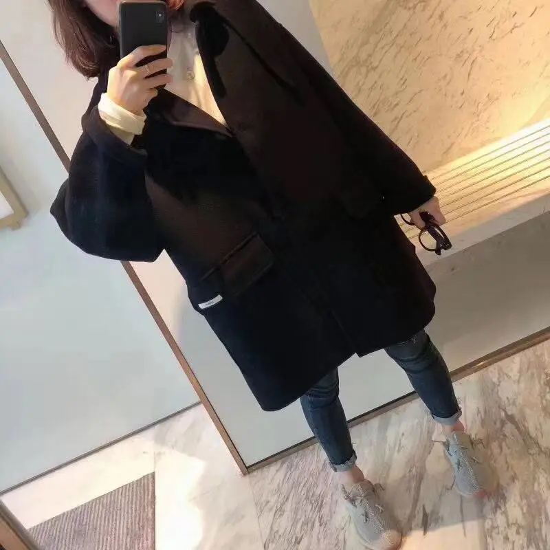 

Europe station autumn winter new ear collar hood loose silhouette Australian wool double sided cashmere coat woman