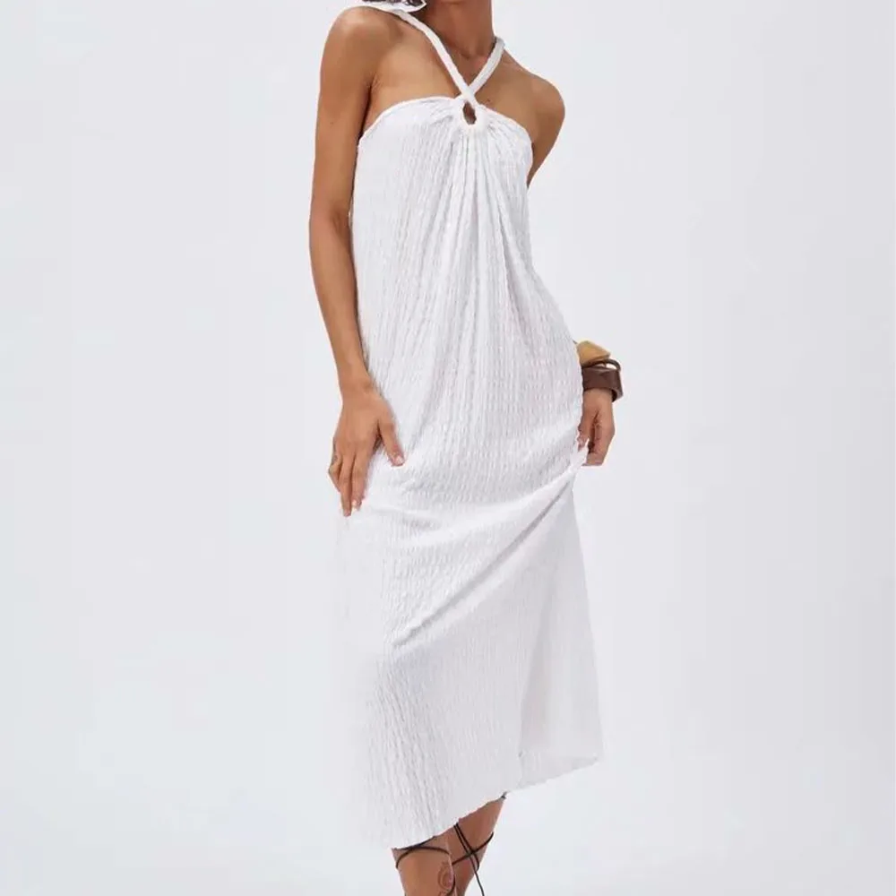 Женское платье без рукавов Za длинное винтажное на бретельках с лямкой через шею