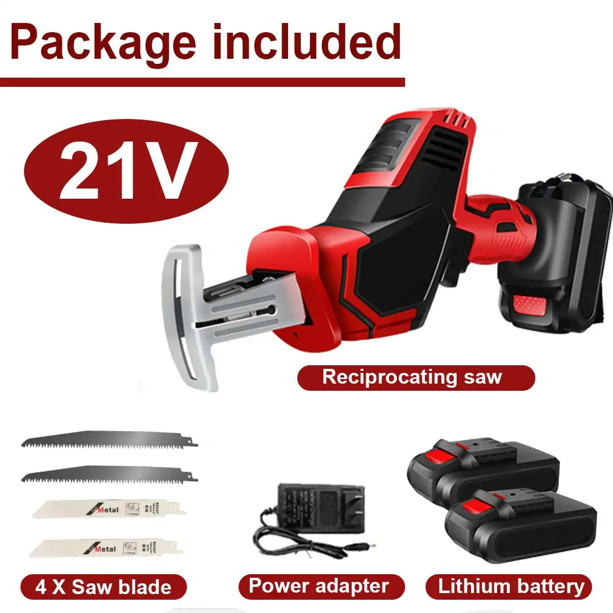 

Drillpro 21V Cordless Reciprocating Saw Adjustable Speed Electric Saw Rechargeable Chainsaw with 2 Batteries 4 Blades