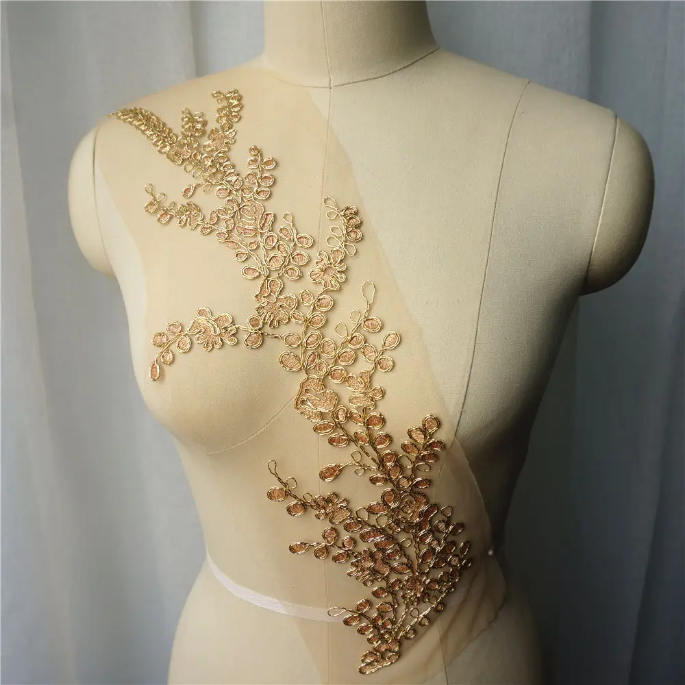 Золотая вышитая Цветочная аппликация кружевная ткань отделка воротника