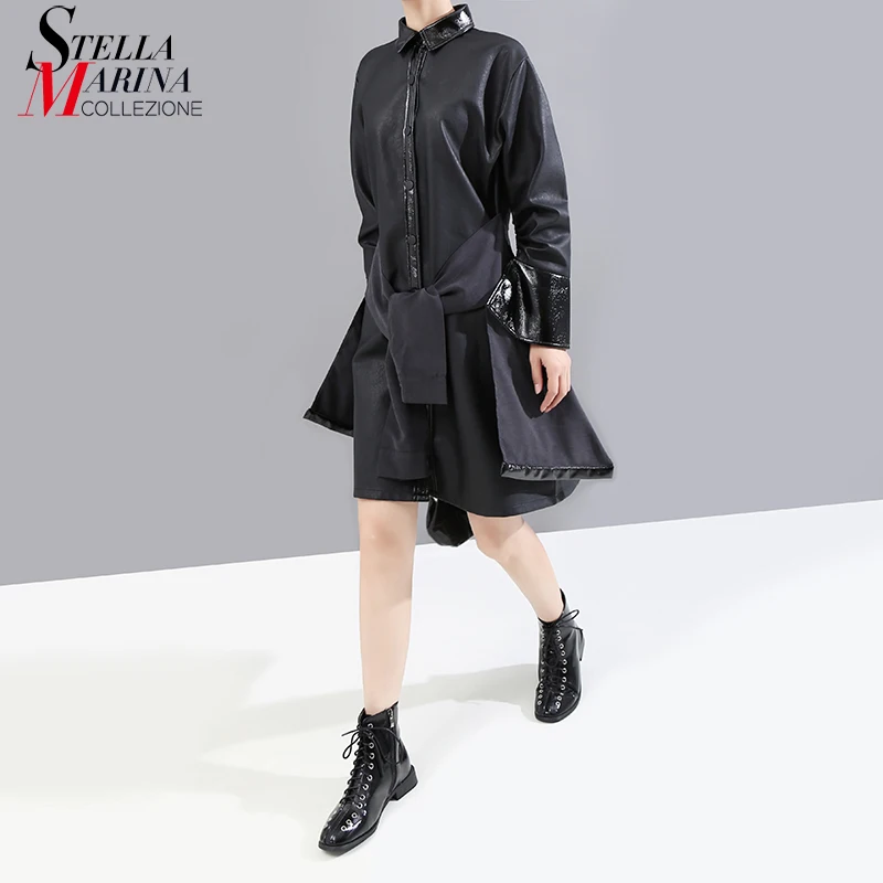 Новинка 2019 Женское зимнее однотонное черное платье рубашка из искусственной