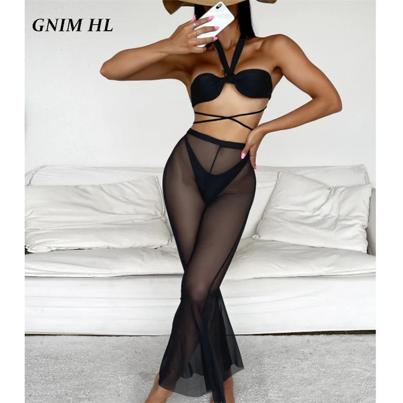 

GNIM Three-Pieces Set Bandeau Backless Swimsuit Women Bikini Mujer 2022 Summer Bandage Mesh Cover Up Swimwear Women Biquinis New