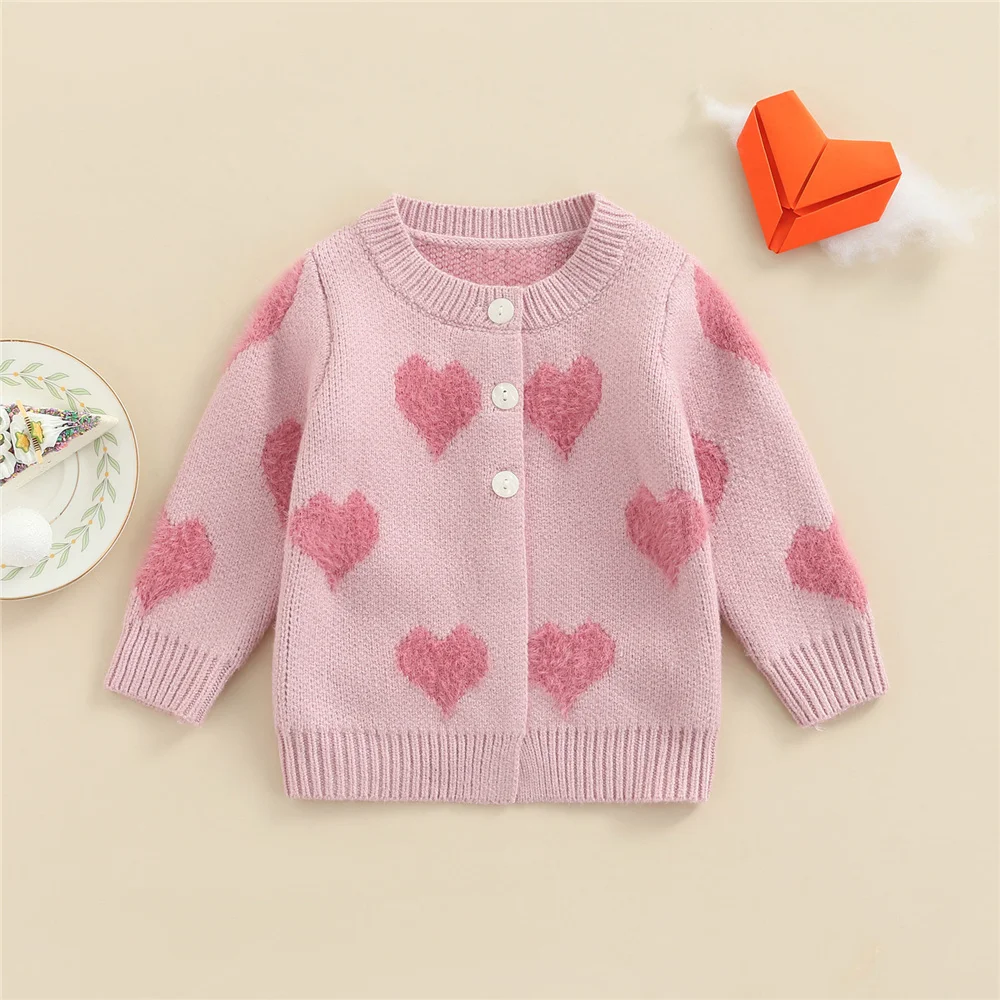 

0-3 Years Baby Girl Winter Knitted Cardigan Toddler Kids Sweet Heart Print Long Sleeve Single-Breasted Button Sweater Tops Pink