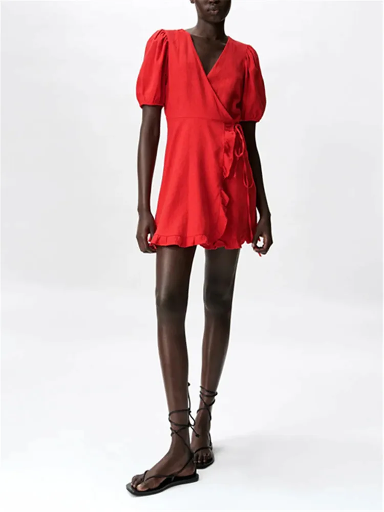 

Женское платье с оборками ZA, однотонное платье в европейском и американском стиле, с V-образным вырезом, во французском стиле ретро, лето 2021