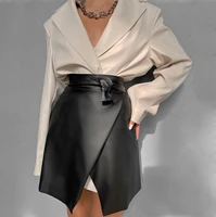 casual black women asymmetrical leather skirt sash sexy slim mini skirt female high street skirts ladies spring summer