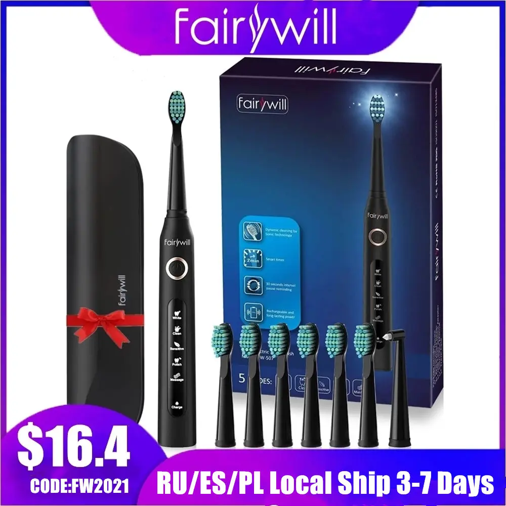 aliexpress.com - Fairywill Electric Sonic Toothbrush FW-507 USB Charge Rechargeable Adult Waterproof Electronic Tooth 8 Brushes Replacement Heads