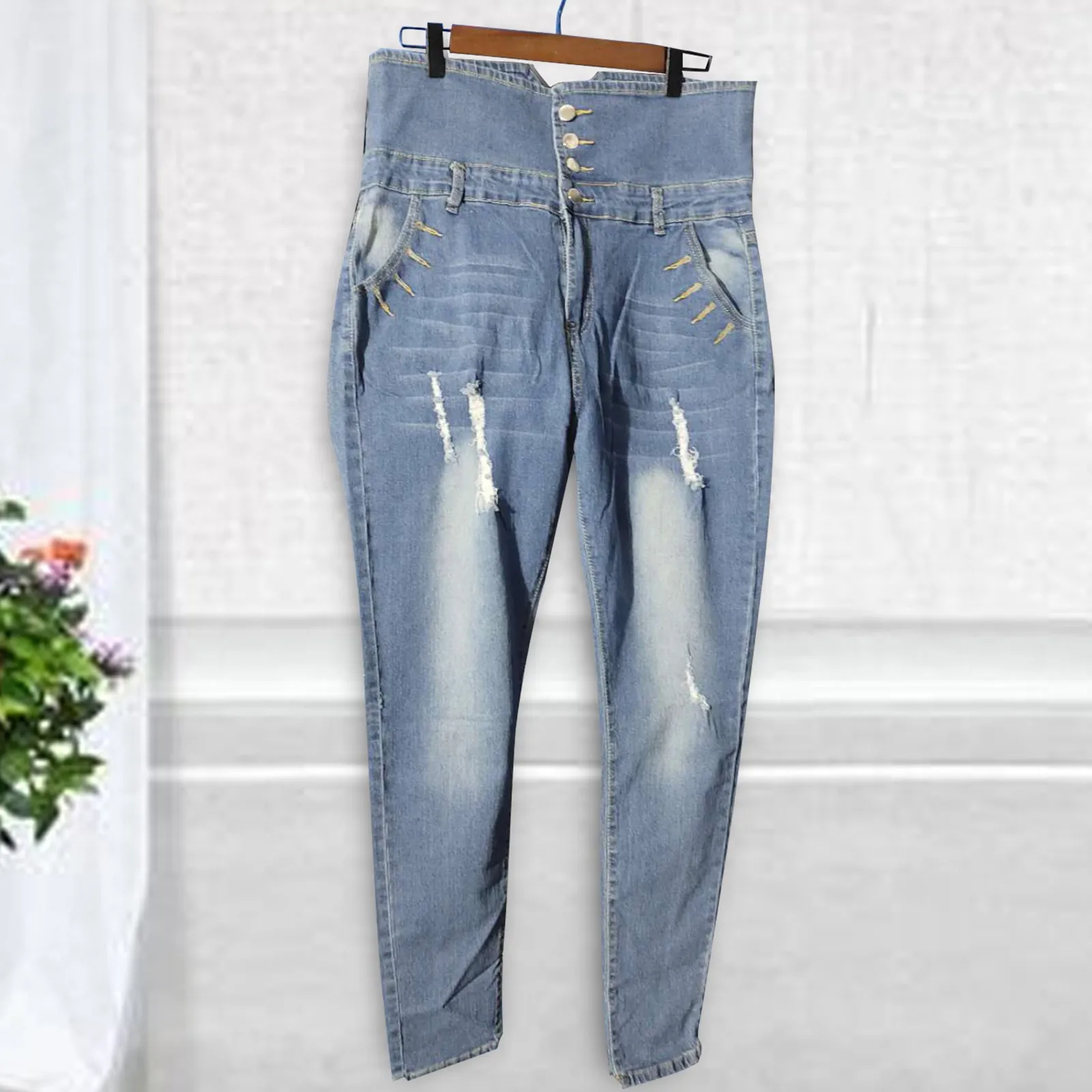

ISHOWTIENDA Women's Summer High Waisted Elasticity Skinny Pants Jeans All-match Pencil Long Trouse Vaqueros Mujer Cintura Alta