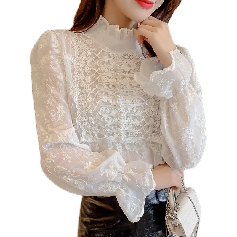 

Retro Lace Bottoming Chiffon Tops Women Flare Sleeve Mesh Blouse Spring Autumn Embroidered Chic Stand Collar Blosas Shirts Mujer