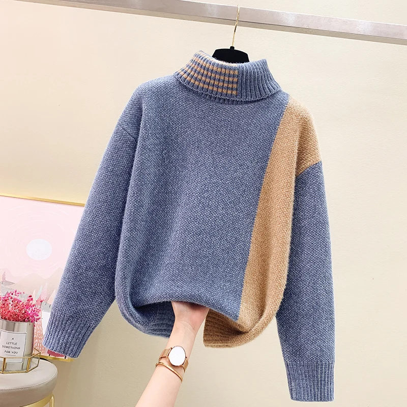 

Chenille color block turtleneck sweater women loose outer wear 2021 autumn and winter new hedging thick knitted bottoming top