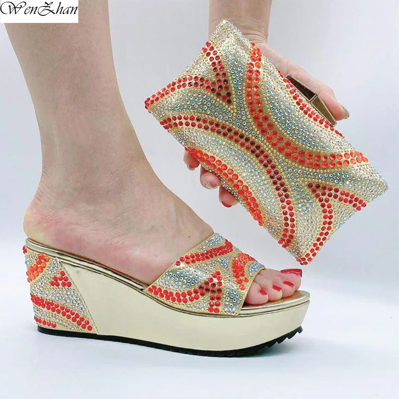 

WENZHAN Charming Women Italian African Party Pumps Shoes and Bag Set Decorated with Rhinestone Women Party Shoes and Bags C210-2