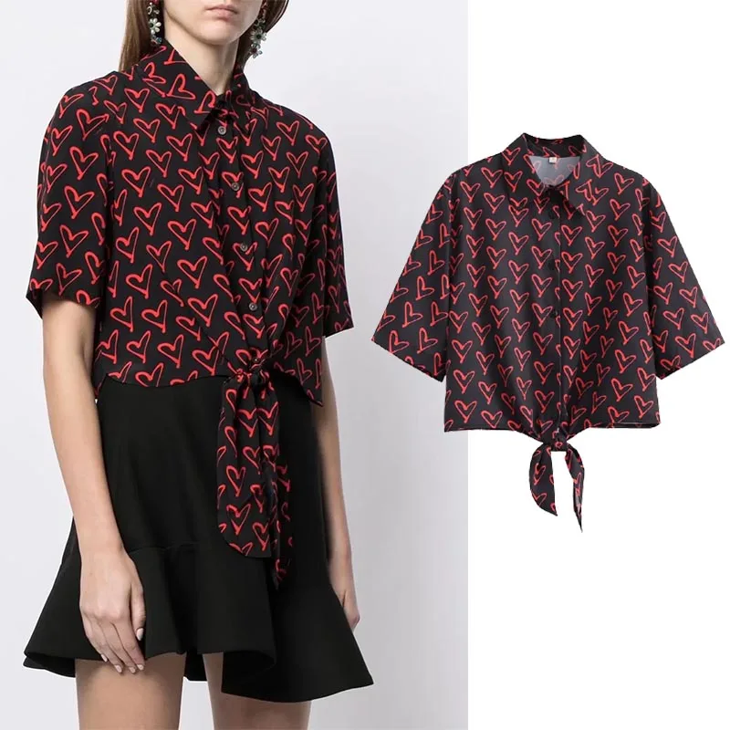 

Женские рубашки ZBZA, Весенняя рубашка с принтом и узлом, повседневная женская блузка на пуговицах с длинным рукавом, женские шикарные топы