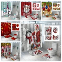 christmas series santa claus golden bell printed waterproof bathroom shower curtain xmas toilet cover soft flannel mat 4pc set