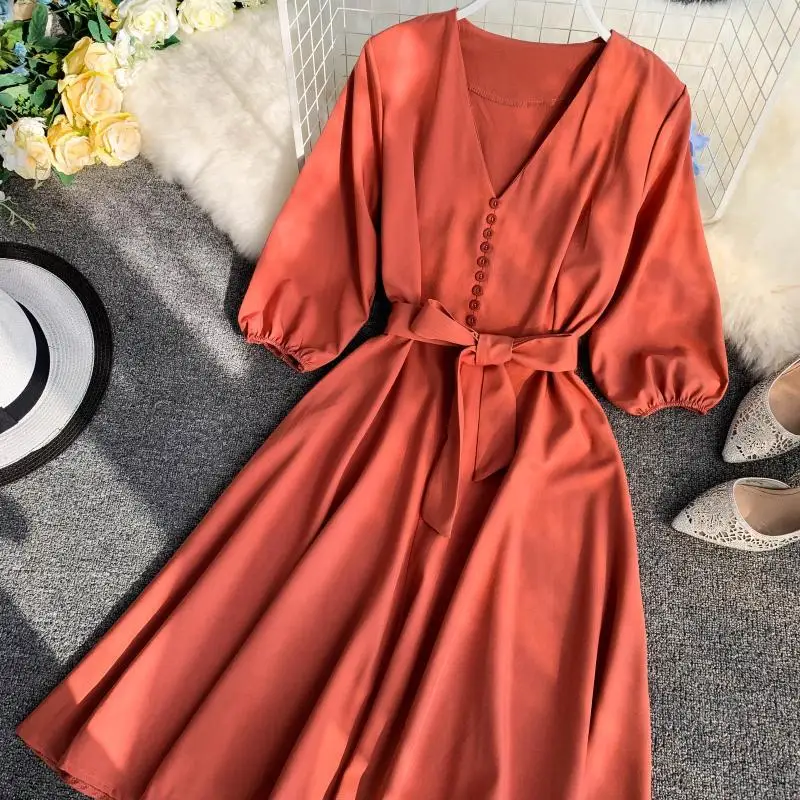 

Dress Women Spring Summer 2021 Solid V-Neck Three Quarter Sleeve Vestidos Chic Sashes High Waist Knee-Length Robe