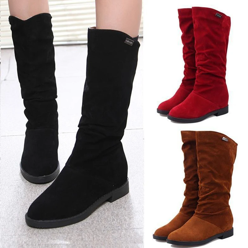 

Autumn Spring Women Boots Matte Flock Boots For Female Ladies Height Increased Low Heel Shoes Lady Mid Calf High Boots Plus 40