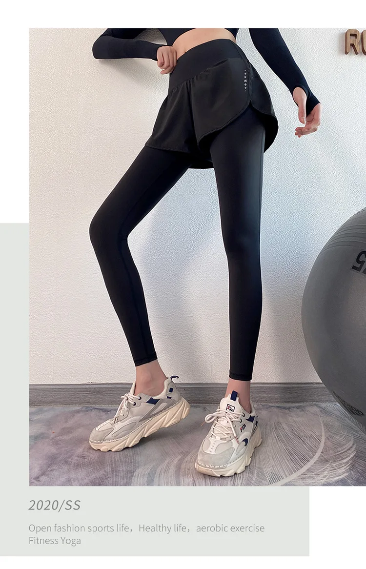 Women Leggings Waiste Yoga Pants Fake Two Pieces Seamless Leggings High Elastic for Fitness Running Exercise Tights Leggins