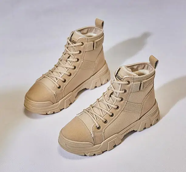 

2021 Winter Women Boots Shoes Leather Canvas Patchwork With Plush Fashion Casual All-Match Ankle Martin Boots