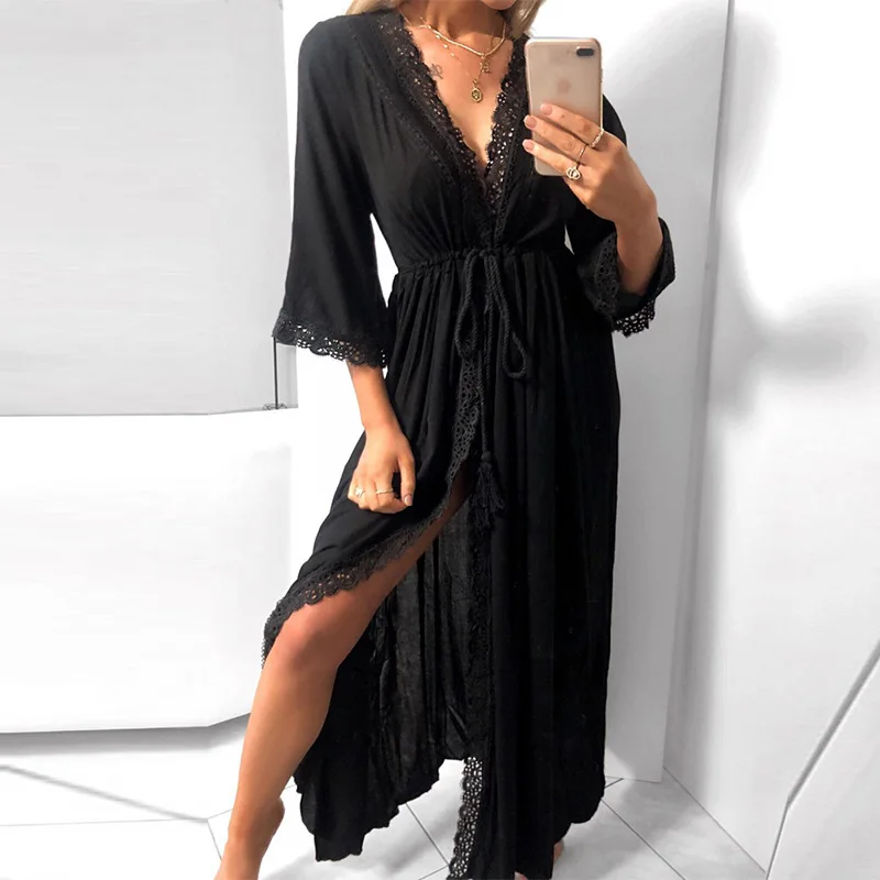 Весенне летнее длинное женское платье с рукавом три четверти кружевное