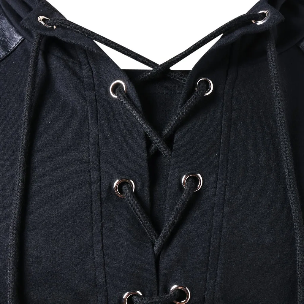 2019 Drawstring кожа Лоскутная черная толстовка с капюшоном мужской повседневный