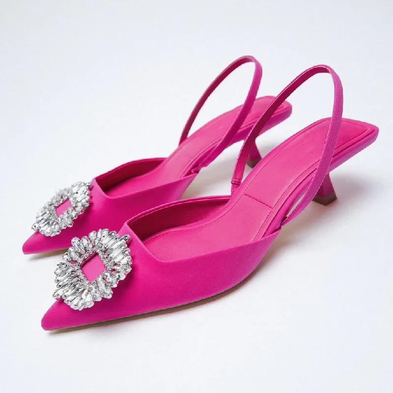 

2021 Summer New Single Shoes Women Brethable Fashion Pointed Toe High Heels Sexy Rhinestone Stiletto Muller Sandals And Slippers