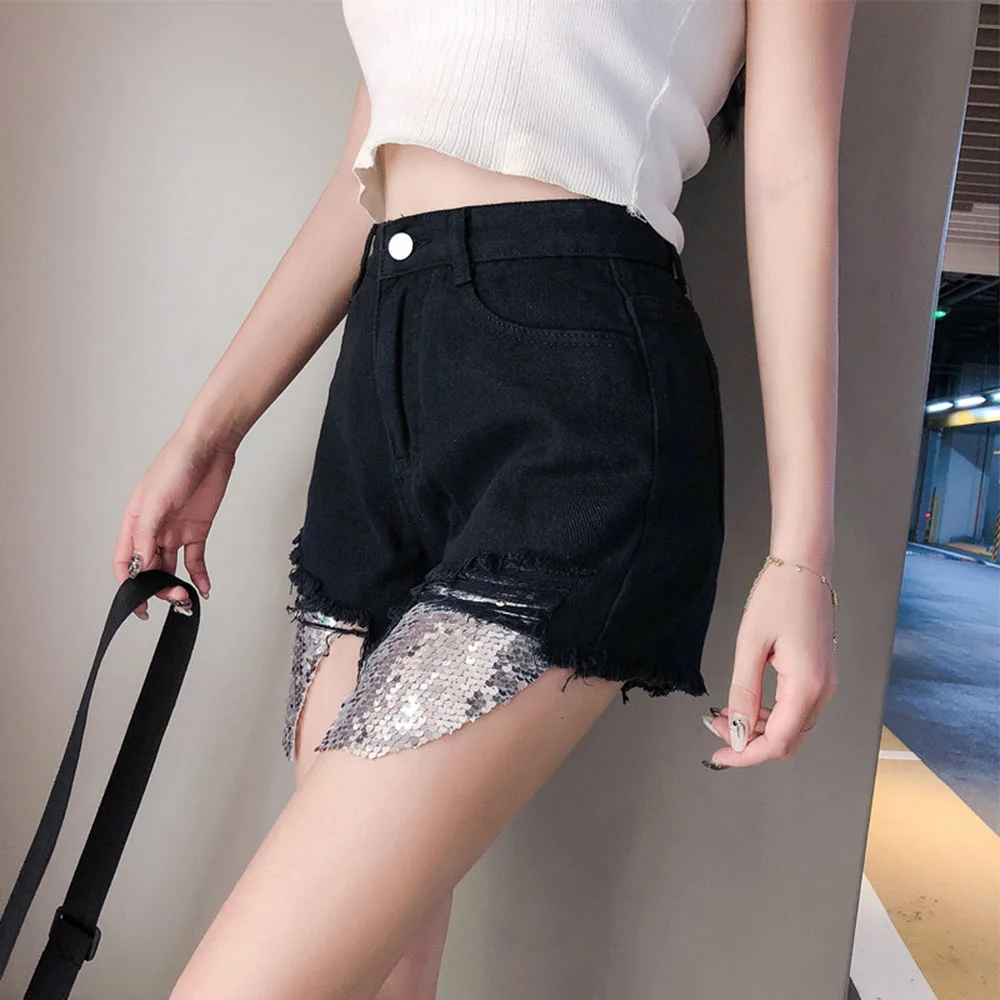 

Ripped Denim Shorts Women's Summer 2021 High Street Fashion Solid Color Sequins High Waist Casual Hipster Designer