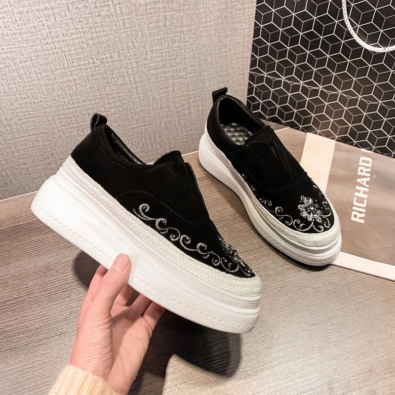 

Platform Shoes Woman Heels Net Women Slipon Flat Shoes 2021 Spring New Genuine Leather Office Lady Summer Shoes For Women