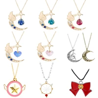 anime wand pendant necklace cute cartoon bowknob cardcaptor sakura heart key moon shape dangle choker jewelry