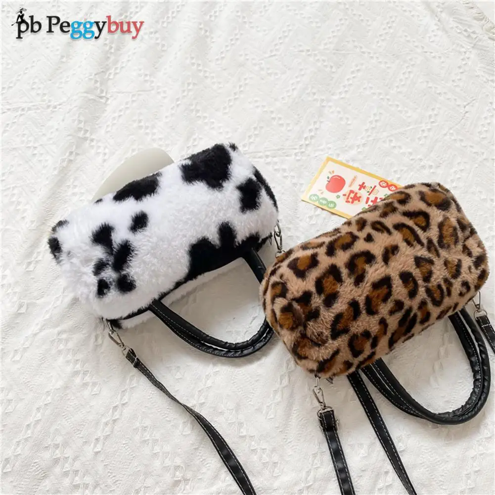 

Retro Women Shoulder Bags Fashionable Animal Print PU Leather Soft Autumn Winter Plush Female Messenger Handbags