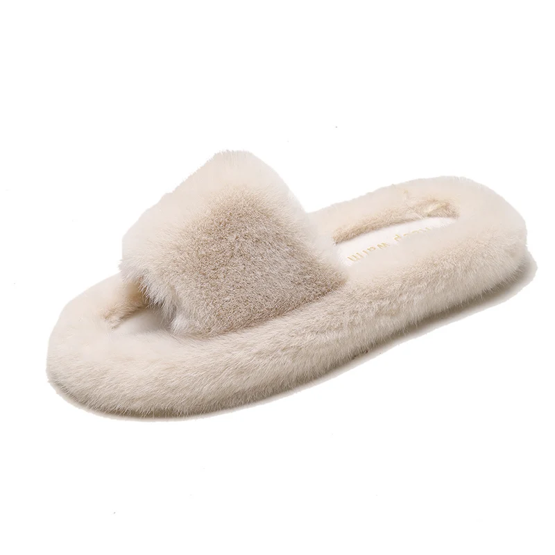 

Winter Women House Furry Slippers Fashion White Faux Fur Warm Shoes indoor Slip on Flats Female Home Slides Black Plush Slippers