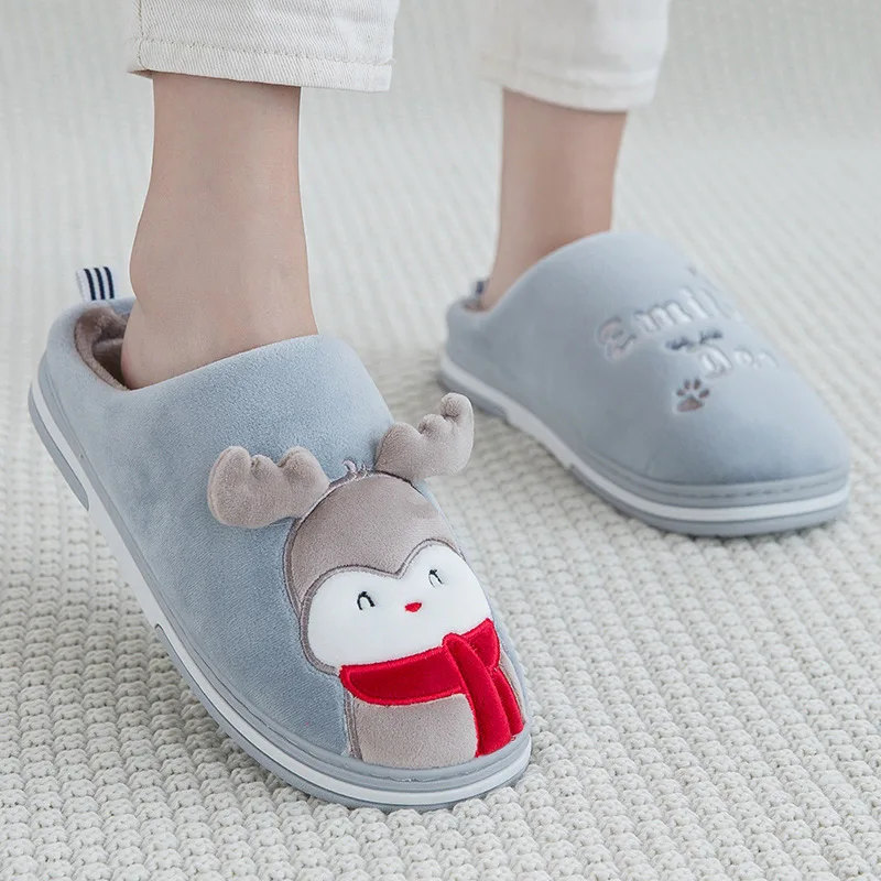 gray Women Home Flat Slippers Indoor Shoes Female Slip On Cute Cartoon Deer Furry Warm Ladies Christmas Woman Shoes Soft Footwear - Цвет: gray